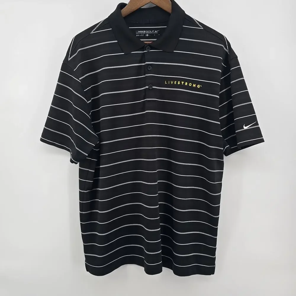 Nike Golf Dri-Fit Shirt Polo Mens L‎ Black Stripes Livestrong Rugby Performance